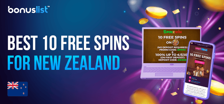10 free spins page open on a laptop and a mobile phone for the best 10 free spins in NZ