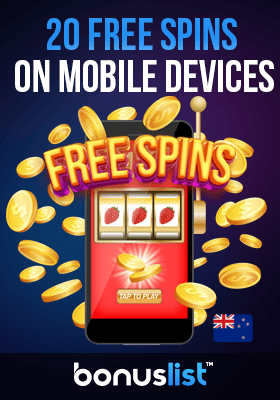 A casino reel on a mobile phone and some gold coins for 20 free spins on mobile devices