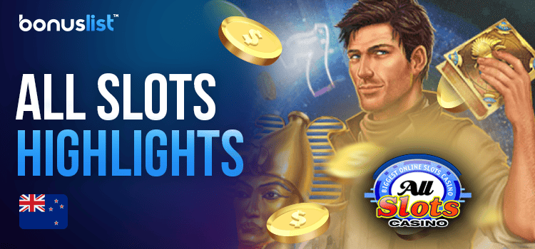 A person is holding a gaming book and some gold coins around for All Slots casino highlights