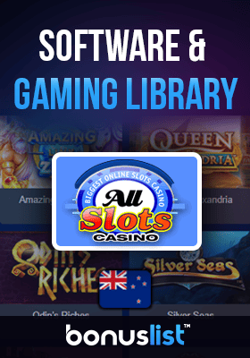 All Slots casino gaming library screen with their logo and a New Zealand flag