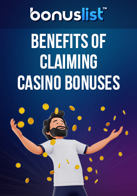 A happy person with bonus coins for the benefits of claiming online casino bonuses and promotions