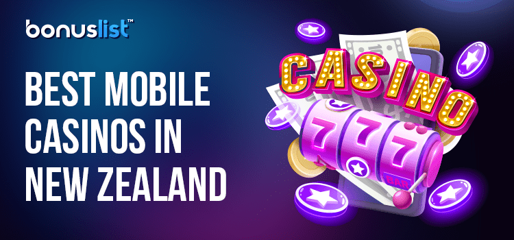 A pink slot reel with cash and coins on a mobile phone for the best New Zealand online casinos with mobile bonuses