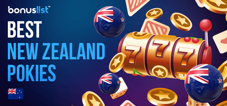 A golden slot machine with different casino gaming items for the best New Zealand pokies