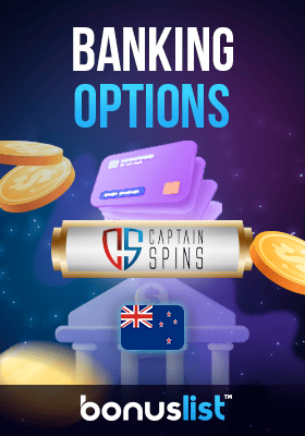 Credit cards, gold coins and a Bank's logo for banking options in Captain Spins Casino