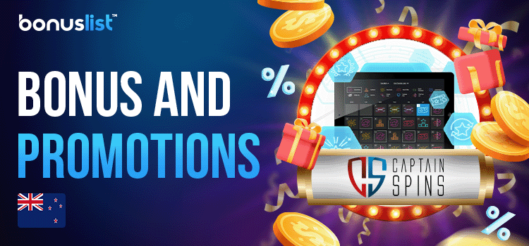 Gift box, gold coins and gaming library for bonuses and promotions at Captain Spins Casino