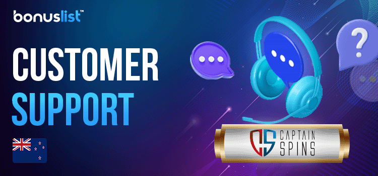 A headphone with messaging and question logos surrounding it for customer support of Captain Spins Casino