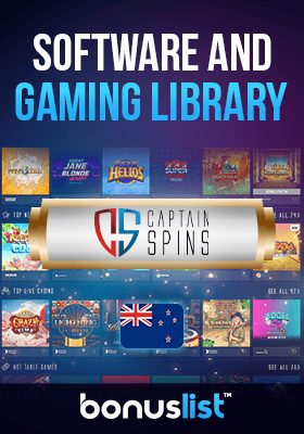 Captain Spins Casino gaming library screen with their logo and a New Zealand flag