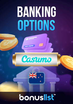 Credit cards, gold coins and a Bank's logo for banking options in Casumo Casino