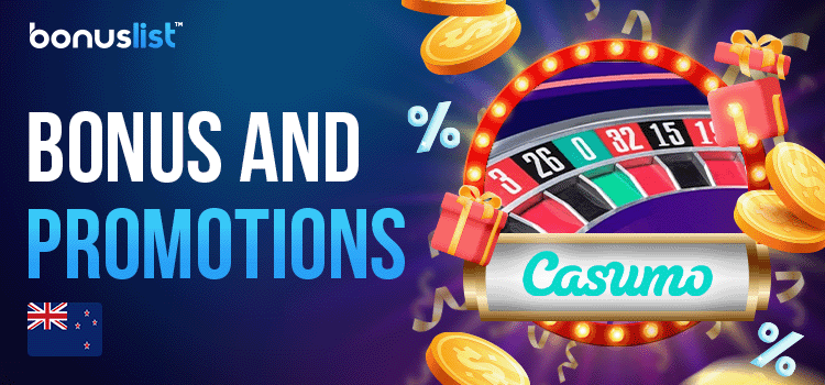 Gift box, gold coins and a roulette machine for bonuses and promotions at Casumo Casino