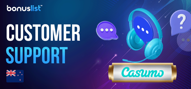 A headphone with messaging and question logos surrounding it for customer support of Casumo Casino