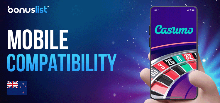 A hand is holding a mobile phone with a compatible Casumo casino mobile app o for mobile compatibility