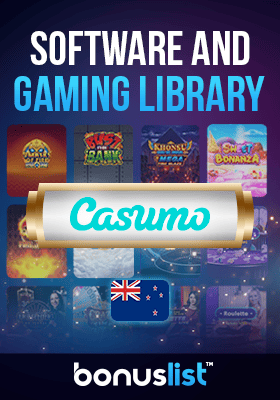 Casumo casino gaming library screen with their logo and a New Zealand flag