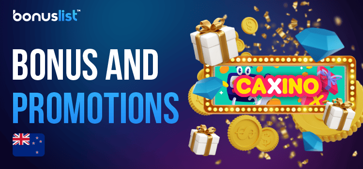 A big logo of Caxino Casino, gift boxes, diamonds and coins for different bonuses and promotions
