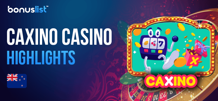 Different casino gaming items and the logo of Caxino Casino represent the casino's highlights