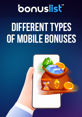 A hand is holding a mobile phone and a gems bag on it for different types of mobile bonuses