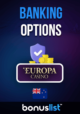 A big check mark with some gold coins for banking options in Europa casino