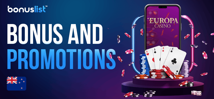 Dice, gaming chips, cards and a mobile phone on a podium for bonuses and promotions of Europa casino