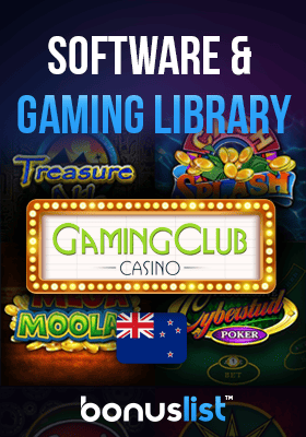 GamingClub casino gaming library screen with their logo and a New Zealand flag