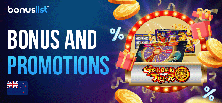 Gift box, gold coins and gaming items for bonuses and promotions at Golden Tiger Casino
