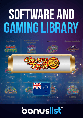 Golden Tiger Casino gaming library screen with their logo and a New Zealand flag