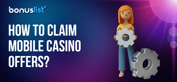 A girl holding a mechanical gear is searching for how to claim mobile bonuses at NZ casinos