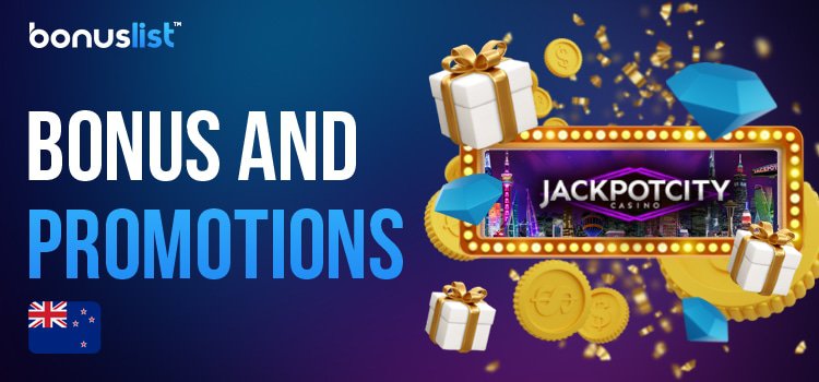 A big logo of Jackpot City Casino, gift boxes, diamonds and coins for different bonuses and promotions