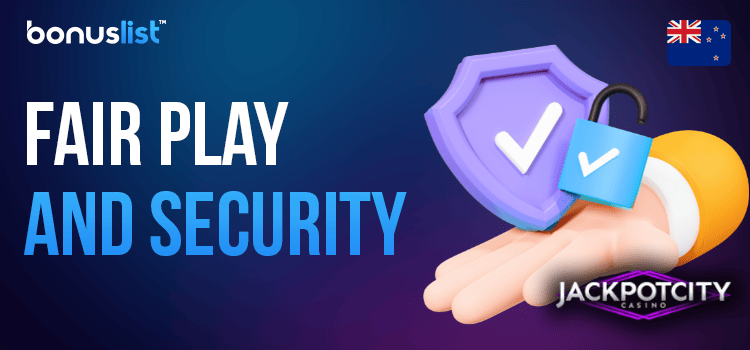 Jackpot City Casino logo, security and a lock sign for fair play and security