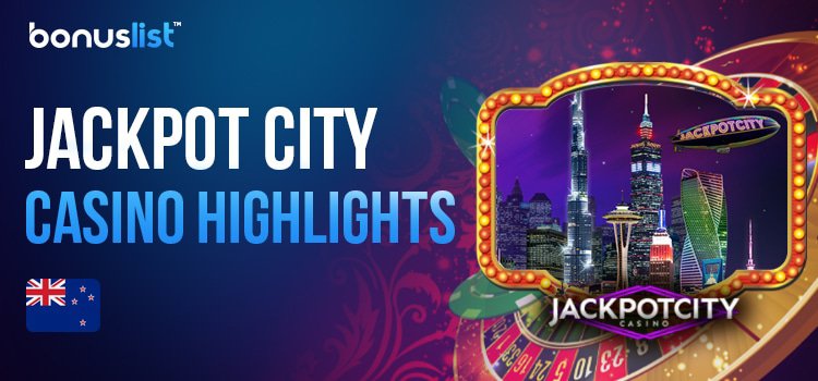 Different casino gaming items and the logo of Jackpot City Casino represent the casino's highlights
