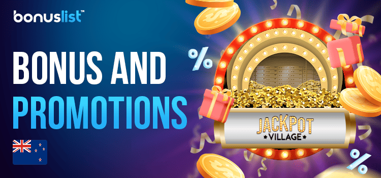 A big logo of Jackpot Village Casino, gift boxes and gold coins for different types of bonuses and promotions
