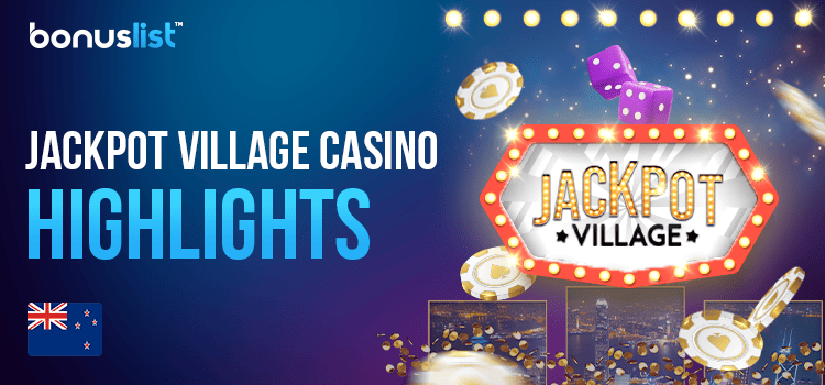 Different casino gaming items and the logo of Jackpot Village Casino represent the casino's highlights