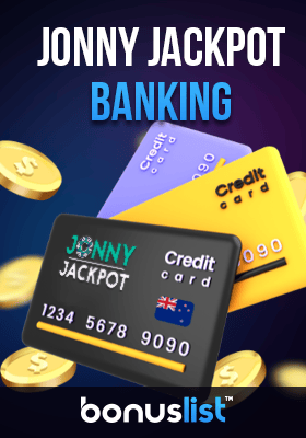 A few credit cards with some gold coins for Banking options in Jonny Jackpot casino
