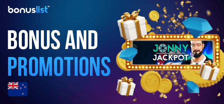 A Jonny Jackpot casino logo, gift boxes, gold coins and diamonds for different kinds of Bonus and promotions