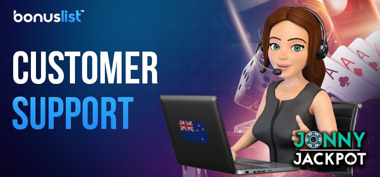 A Jonny Jackpot Casino customer care representative is providing support with a laptop.