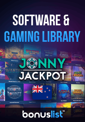 Jonny Jackpot Casino gaming library screen with a New Zealand flag