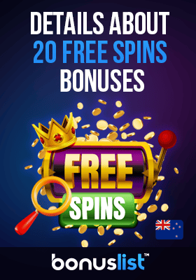 A Crowned casino reel with a magnifying glass for details about 20 free spins bonuses