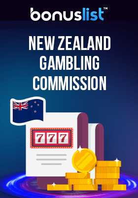 A slot machine and gold coins with a New Zealand flag represent the NZ gambling commission