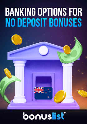 Some cash and coins with a bank logo for the banking options for no deposit bonuses