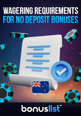 A document page with casino chips and a check mark for wagering requirements for no deposit bonuses