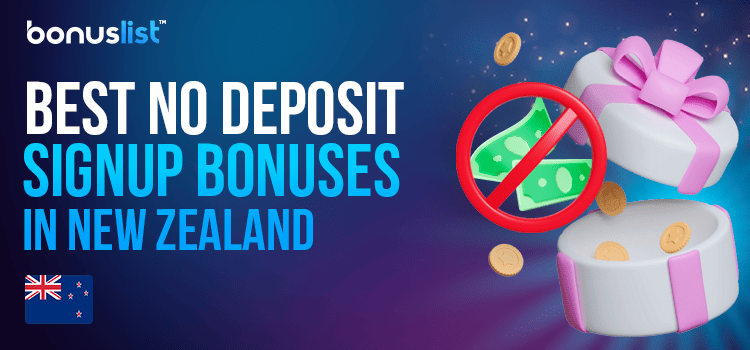 A gift box with cash and coins with a no sign for the best no deposit signup bonuses in New Zealand