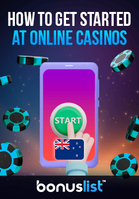 A hand is clicking a start button on a mobile phone describes how to get started at online casinos
