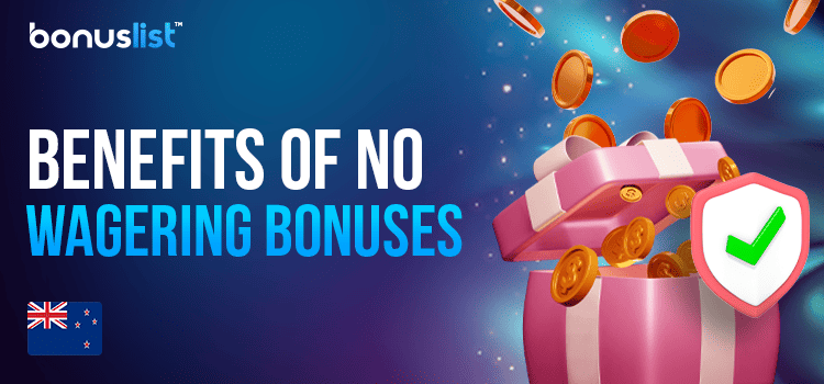 Some gold coins are overflowing from a gift box with a big check mark for the benefits of no wagering bonuses