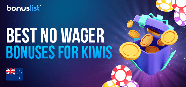 Some gold coins are upflowing from a gift box and some casino chips beside it for the best no wager bonuses for Kiwis
