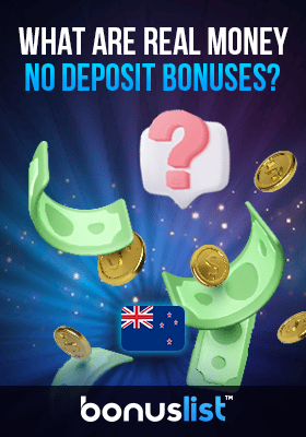 Some cash and coins with a question mark explain what are the real money no deposit bonuses?