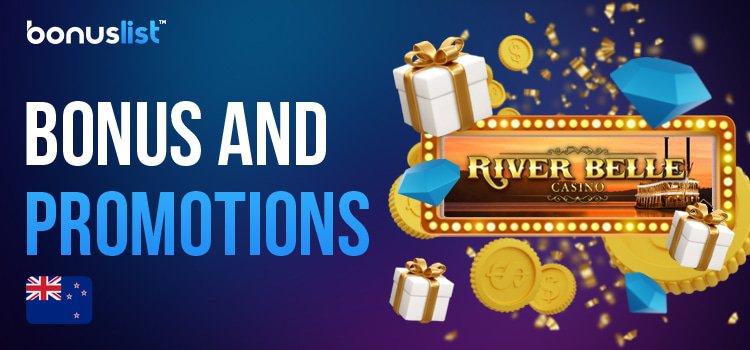 A big logo of River Belle Casino, gift boxes, diamonds and coins for different bonuses and promotions