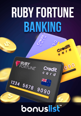 A few credit cards with some gold coins for Banking options in Ruby Fortune casino