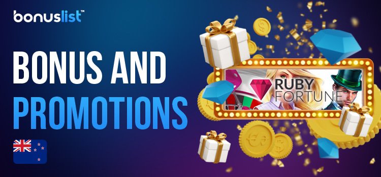 A Ruby Fortune casino logo, gift boxes, gold coins and diamonds for different kinds of Bonus and promotions