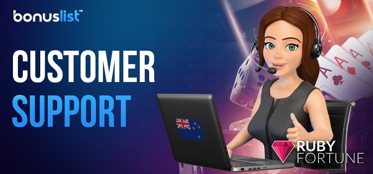 A Ruby Fortune Casino customer care representative is providing support with a laptop.
