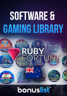 Ruby Fortune Casino gaming library screen with a New Zealand flag