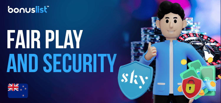 A security sign and a cartoon person is holding a wallet with some cash, coins and a lock sign for Sky City casino's FairPlay and security