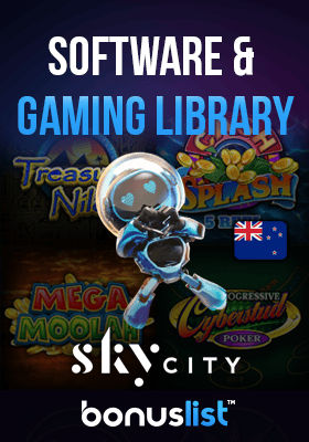 Sky City casino gaming library screen with their logo, a robot and a New Zealand flag